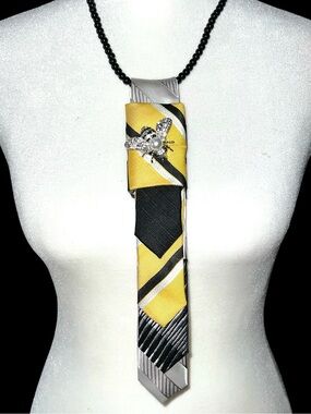 Yellow and Black Tie Pendant Necklace with Crystal Bee Accent